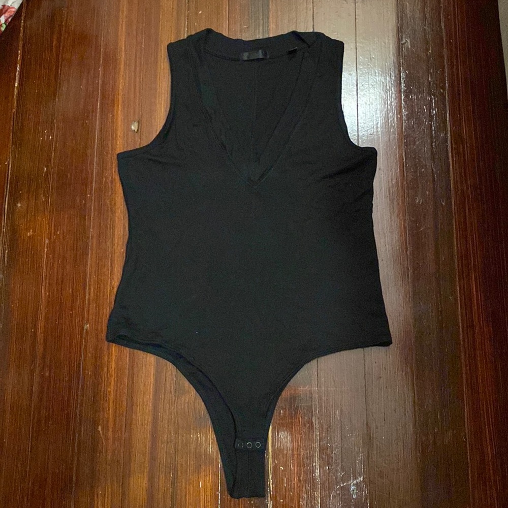 ATM Black Ribbed V Neck Bodysuit